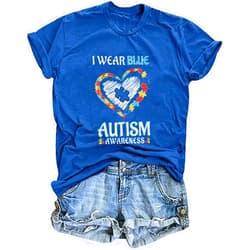 OJLPHH Autism Awareness Shirt Women I Wear Blue Teacher Shirts Autistim Acceptance Graphic T-Shirt Mental Health Tops