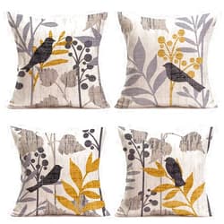 Tlovudori 4Pack Spring Summer Vintage Birds with Leaves Decorative Throw Pillow Covers Retro Rustic Farm Grey Birds Sitting on The Tree Branch Pillow Cushion Cover Home Pillow Case 18”x18” (SB-Birds)