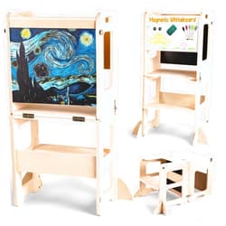 Woodure 4-in-1 Toddler Kitchen Step Stool, Foldable Learning Standing Tower with Chalkboard and Whiteboard, Wooden Kitchen Stool Helper for Kids, 1-3 Year Old Boy Girl Gifts