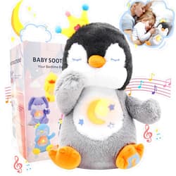 MILEGI Breathing Stuffed Animal, Soothe Snuggle Penguin Plush, Sleep Buddy Soothing Breathing Stuffed Penguin for Anxiety Adults and Kids, Penguin Plushie with Realistic Breathing and Lights Music
