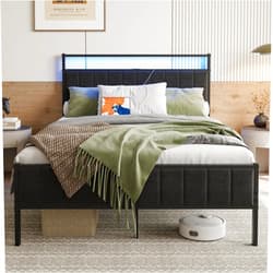 HOJINLINERO Full Size Bed Frame with Headboard & LED Lights,Upholstered Platform Bed Frame Full Size with Charging Station,Heavy Duty Metal Bed Slats,No Box Spring Need,Noise Free,Easy Assembly,Black
