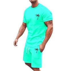 Generic Mens Summer Short Set 2 Piece Coconut Palm Print Fashion Casual Outfit Lighweight Quick Dry Shirt and Shorts Track Suit