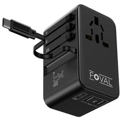 FOVAL Universal Travel Adapter, 35W International Power Adapter with USB C Cable, USB C &2 USB A QC Ports, All-in-one Worldwide Plug Adapter Converter for Europe UK US AUS (Type C/G/A/I)