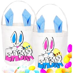 QHZHANG Easter egg bunny Basket bag-Bunny Ear Hunt Basket Egg Canvas Cotton Bags-Easter children's party decoration candy, eggs, bunny gift toy bucket tote bag (blue)