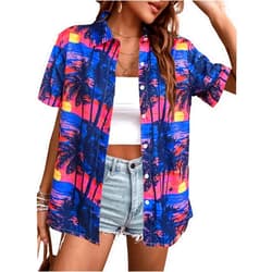 OJLPHH Hawaiian Shirts Women Hawaii Tshirt Cool Floral Tropic Print Graphic Tees Tops Button Up Summer Vacation Shirt