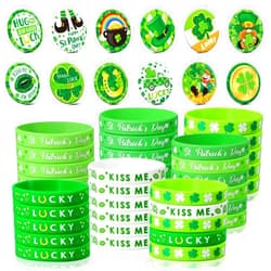 Harrycle 72 Pieces St. Patrick's Day Party Favors Including Green Shamrock Bracelet Lucky Rubber Wristbands Irish Clover Badges Bulk for Saint Patrick's Day Accessories Set Birthday Party Supplies Decor