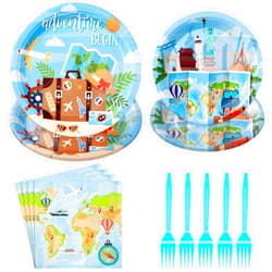 Grencian 96Pcs Travel Party Supplies Adventure Begin Plates Napkins Forks Disposable Travel Party Plates Tableware for Adventure World Awaits Map Party Travel Party Decorations Serves 24