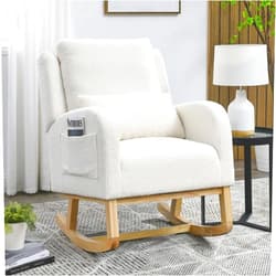 FREESNOOZE 27.5'' W Rocking Chair Nursery, Modern Accent High Back Living Room Casual Armchair Rocker with One Lumbar Pillow, Two Side Pockets, White Teddy
