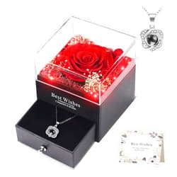 WOKEISE Lighted Preserved Real Rose with I Love You Heart Necklace, Anniversary Birthday Flowers Gifts for Women Girlfriend Wife Mom Grandma - Red