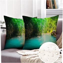 Mossnehh Pack of 2 Decorative Square Throw Pillow Cover Waterproof Linen Southeast Jungle Flowing Turquoise Streaming Water Erawan Nature Design Nobody River Color Sunny Pillow Case for Outdoor 18x18 Inch