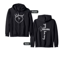 Maria's Jesus Has My Back Faith Tees Blessed Heart Cross Jesus Has My Back Faith Christian Zip Hoodie