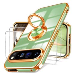 Dretal for Google Pixel 9 Case,Pixel 9 Pro Case with 2X Screen Protector, 360° Rotatable Ring Holder Magnetic Kickstand,Plated Gold Edge Slim Soft TPU Protective Cover for Google 9 (Matcha Green)