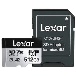 Lexar 512GB Professional Silver Plus Micro SD Card, UHS-I, C10, U3, V30, Full HD & 4K, Up to 205/150 MB/s microSDXC Memory Card, for Videographers, Gamers (LMSSIPL512G-BNANU)