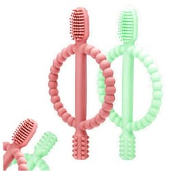 MISSLILI Baby Teething Toys with Easy-Hold Handle, Silicone Infant Toothbrush, Textured On Both Sides Helps Massage, Soothe Sore Gums, Teething Toys for Babies 0-6 Months, 6-12 Months Bright Green & Caramel