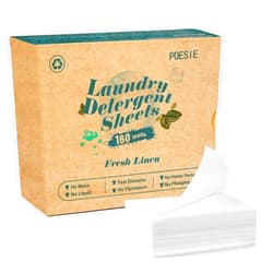 Poesie Laundry Detergent Sheets Fresh Linen Scent 160 Sheets 80 Large Loads Plastic Free Fast Dissolve Washing for All Washing Machine Traveling Dorm Life Save Space