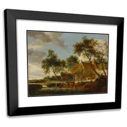 ArtDirect Salomon van Ruysdael 18x14 Black Modern Frame and Double Matted Museum Art Print Titled - The Watering Place (1660)