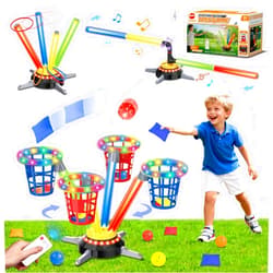 VATOS 3 in 1 Bean Bag & Ring Toss Game, Musical Jumping for Kids, Electric Spinning Base with Remote, Lights, 12 Sandbags, 12 Tossing Rings, 12 Balls, Indoor Outdoor Backyard Sport Toy for Boy Girl 3+