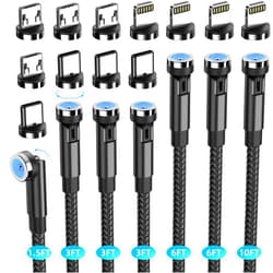 Ankndo Magnetic Charging Cable [7-Pack 1.6FT/3FT/3FT/3FT/6FT/6FT/10FT] 540° Rotating Magnetic Phone Charger 3 in 1 Magnetic Cable Nylon Braided USB Charger Cable for Micro USB/Type C/iProduct Device-Black