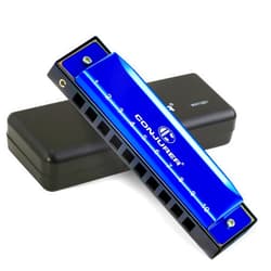 CONJURER Blues Harmonica for Kids Adult Beginners 10 Hole Diatonic Harmonica Key of C, Brass Reed Metal Mouth Organ C Key Blues Harp with Case, Blue