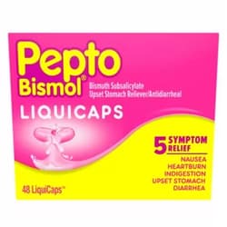 Pepto Bismol Liquicaps, Upset Stomach Relief, Bismuth Subsalicylate, Multi-Symptom Relief of Gas, Nausea, Heartburn, Indigestion, Upset Stomach, Diarrhea, 48 Liquicaps