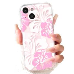 Lovmooful Compatible for iPhone 15 Case Cute Clear Hibiscus Flower Floral Aesthetic Printed Design for Girls Women Soft TPU Shockproof Protective Girly for iPhone 15-Big Pink Flower