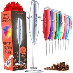 Peach Street Powerful Handheld Milk Frother, Mini Milk Foamer, Battery Operated (Not included) Stainless Steel Drink Mixer with Frother Stand for Coffee, Lattes, Cappuccino, Frappe, Matcha, Hot Chocolate.