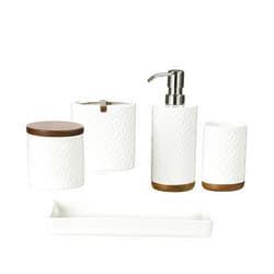 Motifeur Bathroom Accessories Set, 5-Piece Ceramic and Wood Bath Accessory Complete Set with Lotion Dispenser/Soap Pump, Cotton Jar, Vanity Tray, Tumbler and Toothbrush Holder (White and Beige)