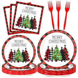 CHUNNIN 96 Pcs Christmas Red and Black Buffalo Plaid Paper Plates and Napkins for Merry Christmas Party Supplies Black Red Plaid Xmas Trees Party Tableware for 24 Guests Winter Xmas Party Decorations