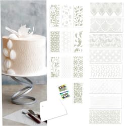 Qualiteia 18 PCS Cake Stencils Set - Templates with Scraper and 50 Pins for Decorating Dessert Baking Buttercream Icing Molds Lace Mermaid- Mesh Floral Reusable Spray Fondant Cookie Wedding
