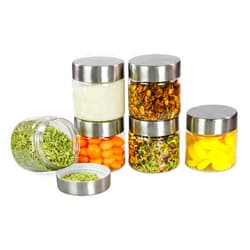 PEARLPET Transparent Plus Small Plastic Jar Container for Kitchen Storage Set with Stainless Steel Matt Finish Cap, 200 ML Set of 6 Pieces