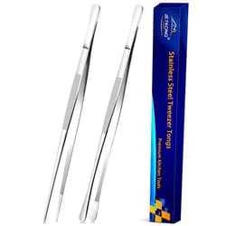 JETKONG 2 Pcs 12-Inch Cooking Tweezers Stainless Steel, Straight Food Tweezers, Professional Kitchen Tweezers/Forceps for Cooking Repairing and BBQ (12-Inch, Silver)