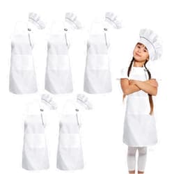 Multifuns 5 Pack White Kids Chef Hat and Apron-Children Cooking Kitchen Paint Chef Craft Baking Aprons for Kids Children Girls Boys 5-12 Adges(White,One Size,5sets)…
