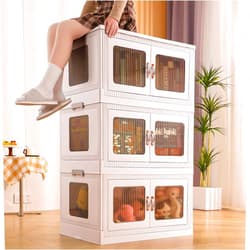 JOYBOS Collapsible Storage Bins,345 Quart Plastic White Closet Organizers with Lids,3 Packs Stackable Bins with Wheels,Dual Open Bins for Home and Office
