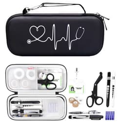 BOVKE 15 Pcs Stethoscope Case Nurse Tool Sets Include Stethoscope Case, Medical Scissors, 2 Penlights with Batteries, Bandage Wraps, Name Card Holder for Nursing School Essentials, Black