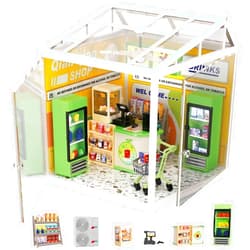 Fistone DIY Miniature Doll House Kit, Plastic House Building Set with LED Light, Tiny House Crafts Suitable for Mini Figures Construction Toys Diorama Kit Gifts for Teens Adult (Convenience Store)