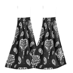 Poeticcity Silver White Indian Aztec Tattoo Tribal Ornament Elephants on Dark 2 PCs Hanging Kitchen Hand Towel, Dish Dishcloth Towels with Hanging Loop, Absorbent Tea Bar Bath Tie Towel for Tabletop Kitchen