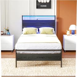 HOJINLINERO Twin Bed Frame with Headboard/LED Lights,Metal Bed Frame Twin Size with Charging Station,Twin Platform Bed Frame No Box Spring Needed,Beds Base,Heavy Duty Metal Slats Support,No Noise,Black