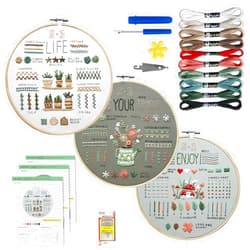 SUNUPA 3 Sets embroidery kits easy to follow videos&instructions for beginners adults to learn 33 Different Stitches DIY Kits Includes Stamped Flower Pattern Hoop Color Threads Tools For Decorative ornaments