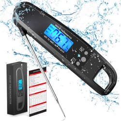 POWLAKENXS Instant Read Meat Thermometer for Kitchen Cooking, Ultra Fast Precise Waterproof Digital Food Thermometer with Backlight, Magnet and Foldable Probe for Deep Fry, Outdoor BBQ, Grill (Black)