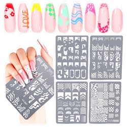 Saviland Nail Art Stamper Plates: 4PCS French Nail Stamping Plates French Line Nail Stamp Templates Plaid Wave Stripes Patterns Nail Stencils Plate Reusable Stainless Steel Nail Tools