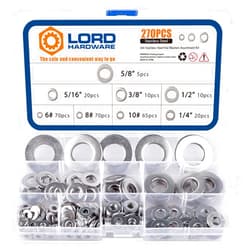 LordHardware 270PCS Stainless Steel SAE Flat Washers Assortment Hardware Kit 5/8'' 1/2'' 3/8'' 5/16'' 1/4'' 6# 8# 10# (Silver)