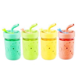 PandaEar Kids & Toddler Glass Cups, 4 Pack Glass Mason Jar Cups 8.45 oz with Silicone Sleeves & Straws, Toddler Spill-Proof Smoothie & Snack Cups
