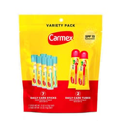 Carmex Daily Care Moisturizing Lip Balm Pack, SPF 15, Strawberry & Cupcake Batter Flavor Variety Pack Bag, 9 Count (7 Sticks, 2 Tubes)
