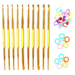LOKUNN 40 Pcs Double End Crochet Hook Set, Include 10 Pcs Golden Aluminum Crochet Needles, 10 PCS Knitting Crochet Markers Ring, 20 PCS Knitting Stitch Markers for Craft DIY