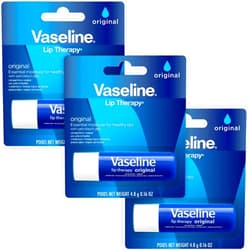 Vaseline Lip Therapy Original, Fast-Acting Lip Moisturizer For Very Dry Lips, Lip Balm Stick, 0.16 Oz Ea (Pack of 3)