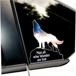 Byzee Not All who Wander are Lost Decal | Wolf Howling at Full Moon Vinyl Bumper Sticker, Laptop/Water Bottle Graphic | Night Sky Hiker with Flashlight, Camping, Nature Design (Full Moon)