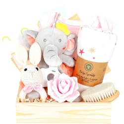 IAOVUEBY Baby Girl Gifts, Baby Shower Gifts for Girls, Baby Gift Set for Newborn Girl Essentials, Wooden Baby Gift Basket Swaddle Blanket Rattle Toy Onesie Infant Hair Brush