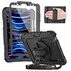 Timecity Case for iPad Pro 11 inch (1st, 2nd, 3rd, 4th Generation), Heavy Duty Rugged Protective Case with Built-in Screen Protector, Pencil Holder, 360 Rotating Stand&Handle, Shoulder Strap- Black