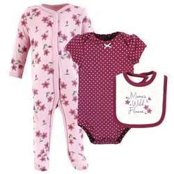 Hudson Baby Infant Girl Cotton Sleep and Play, Bodysuit and Bandana Bib Set, Plum Wildflower, 6-9 Months