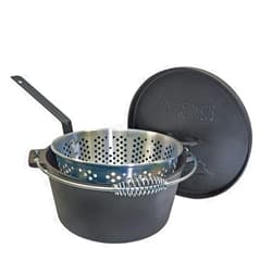 Bayou Classic 7465 14-qt Cast Iron Dutch Oven w/ Perforated Aluminum Fry Basket Features Flanged Camp Lid Stainless Coil Wire Handle Grip Perfect For Baking Frying One-Pot Meals Stews and Chili
